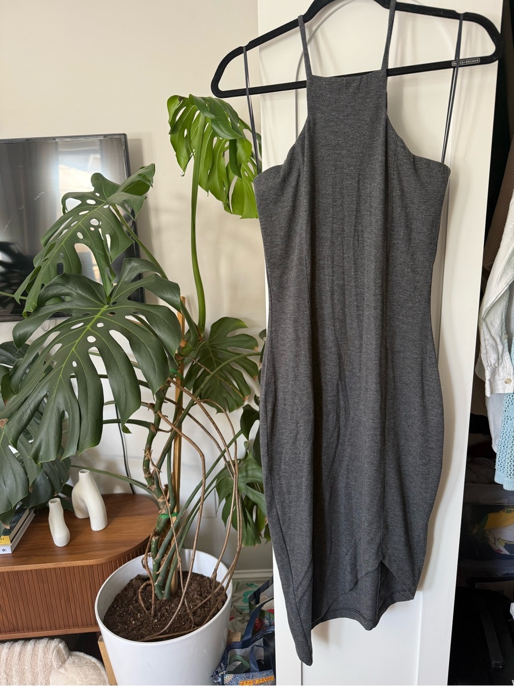 Express Charcoal Gray Asymmetrical Halter Midi Dress